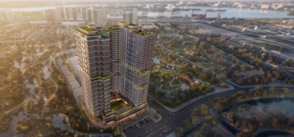 Phối cảnh tổng thể kiến trúc 2 tòa tháp căn hộ siêu sang Maison Privée Tây Hồ tại KĐT Ciputra.