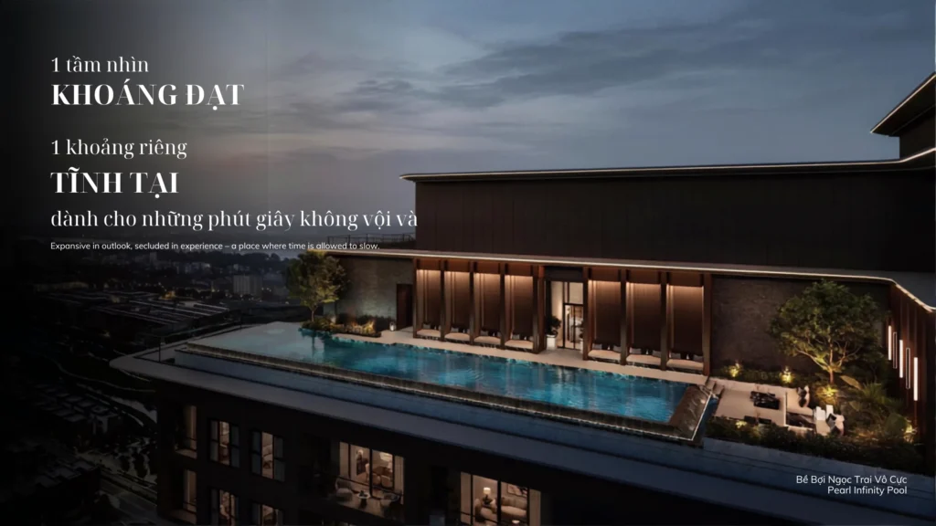 Phối cảnh bể bơi vô cực ngọc trai và không gian thư giãn tầng thượng tại dự án Maison Privée Tây Hồ