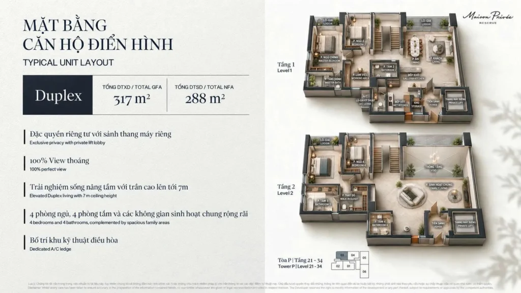 Mặt bằng căn hộ Duplex Maison Privée Tây Hồ - phối cảnh 3D tầng 1 và tầng 2, diện tích 317m2