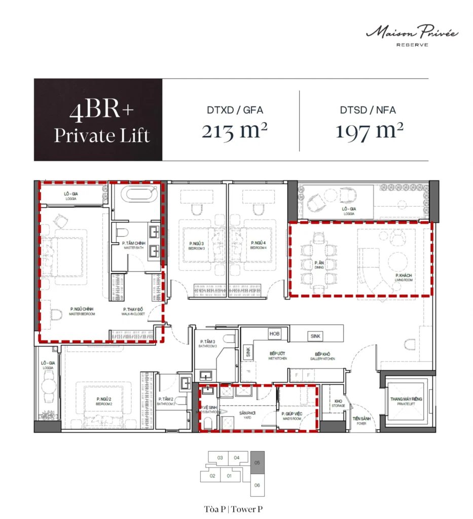 Mặt bằng căn hộ 4 phòng ngủ Maison Privée Tây Hồ Tòa P, diện tích sử dụng 197 m², sảnh thang máy riêng