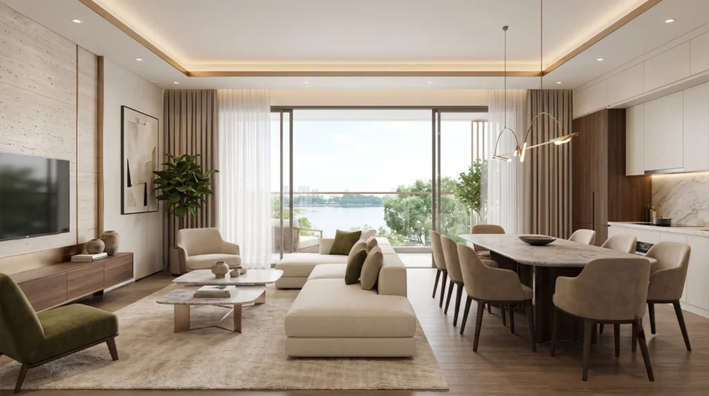 Thiết kế nội thất phòng khách căn hộ 3 phòng ngủ Maison Privée Tây Hồ sang trọng, hiện đại với sofa kem, bàn trà đá mạ vàng và ban công view Hồ Tây.